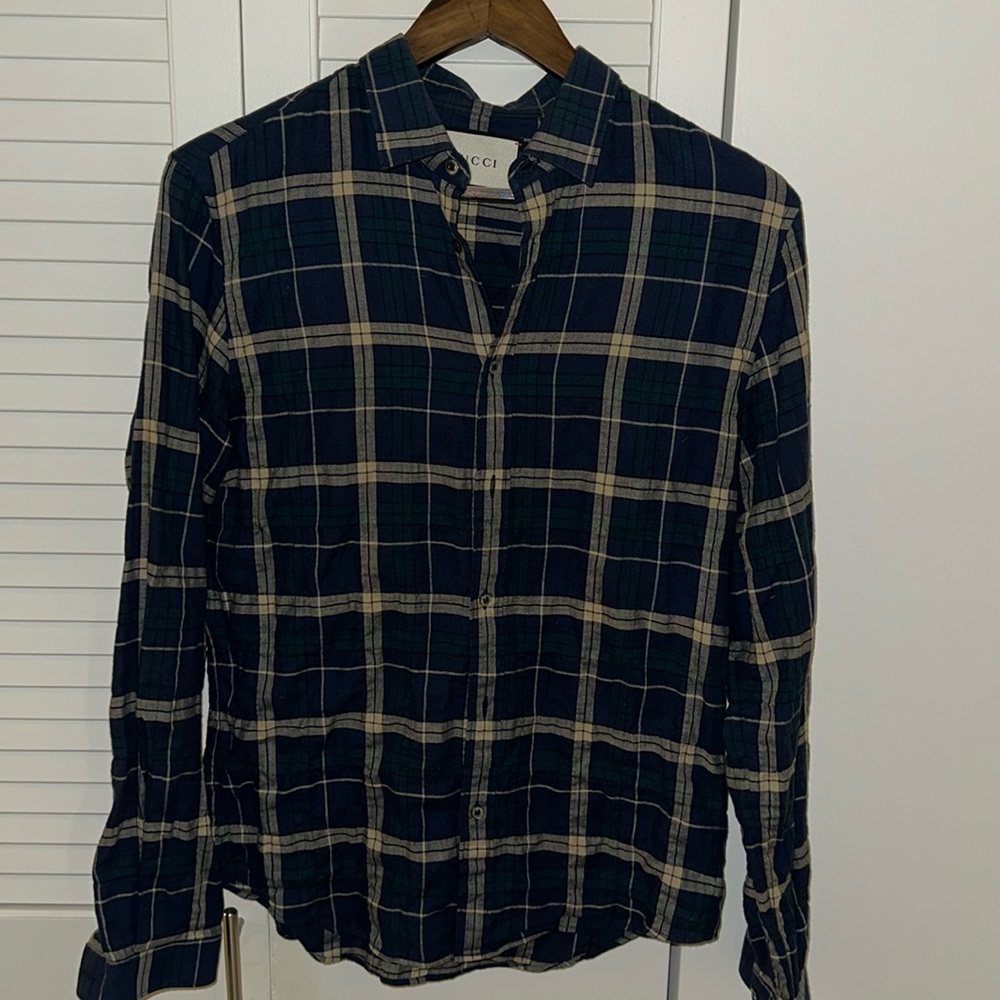 Selling a beautiful Gucci, size 15(xs) navy plaid button up.